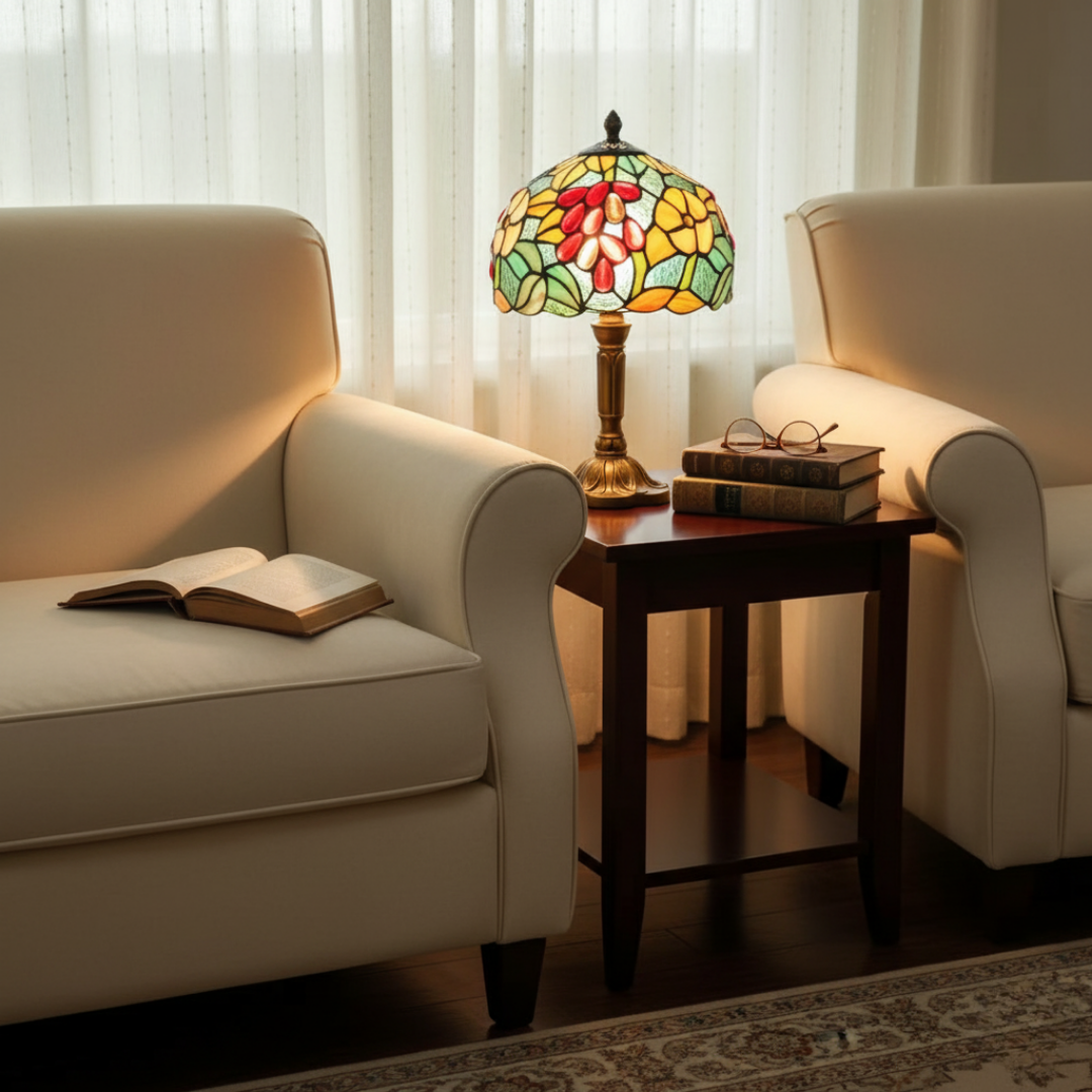 BLOMSTERGLANS | Fargerik lampe i herdet glass