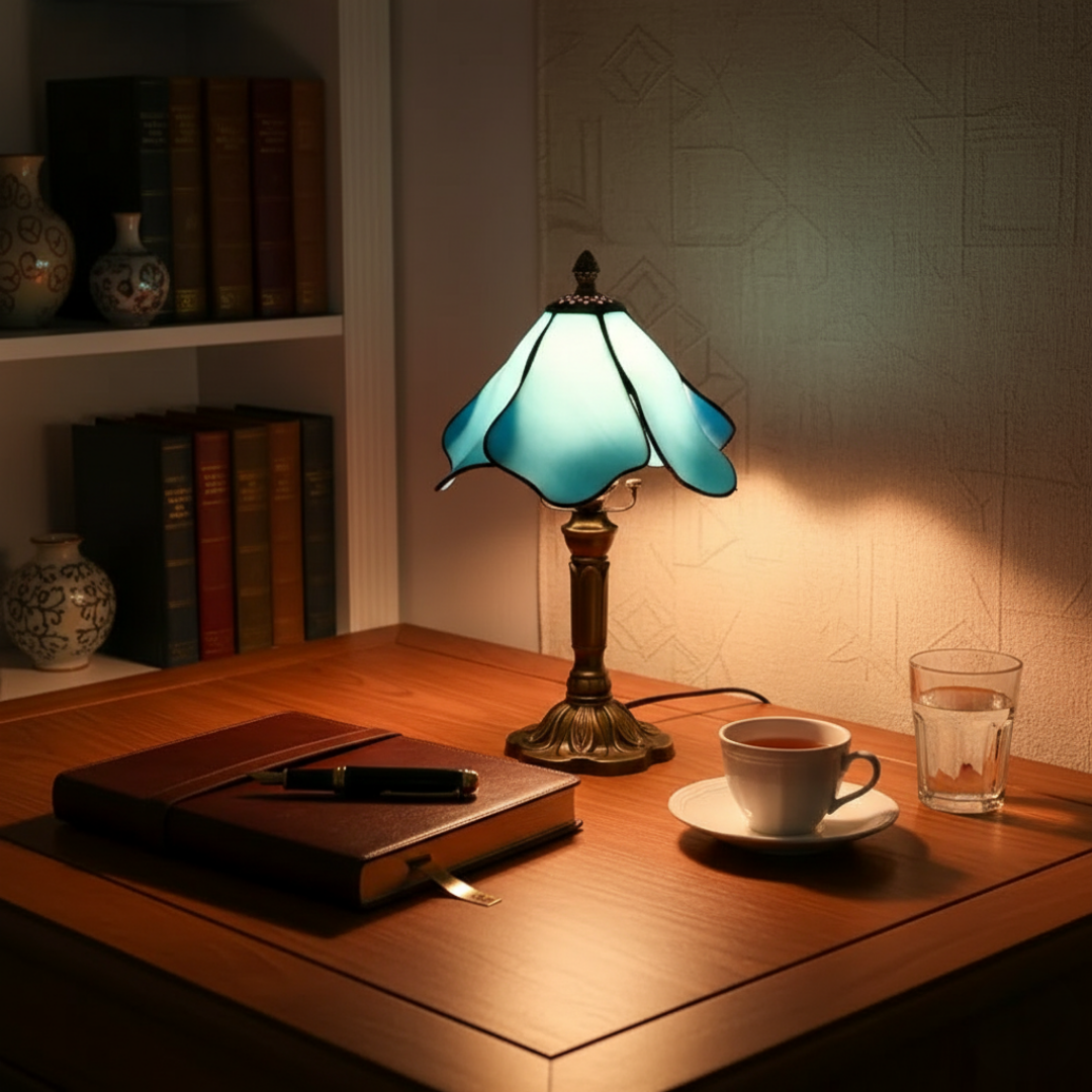 BLÅ KLOKKE | klassisk lampe med kronbladsformet skjerm