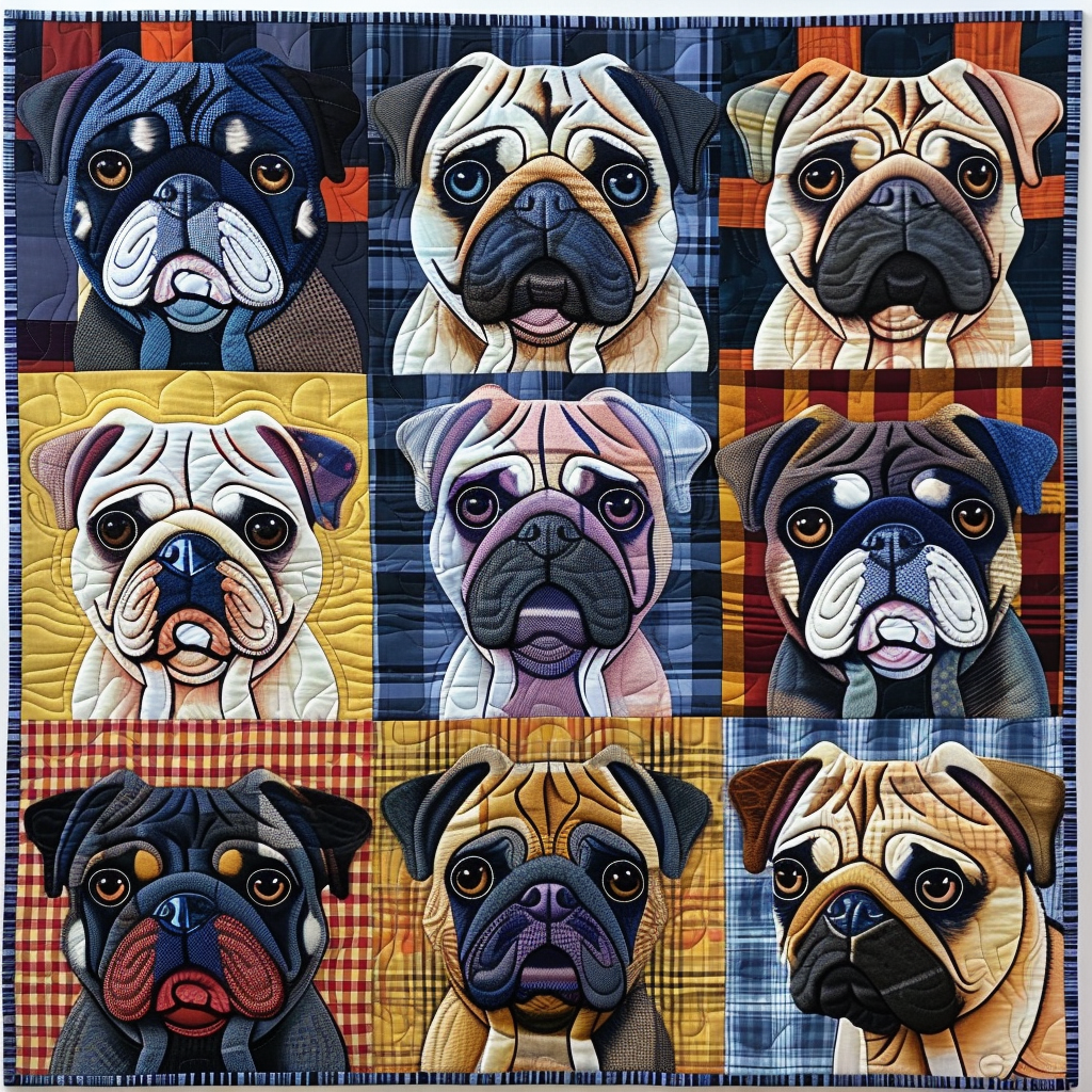 Kunstneriske mopsillustrasjoner – Quiltet sengeteppe