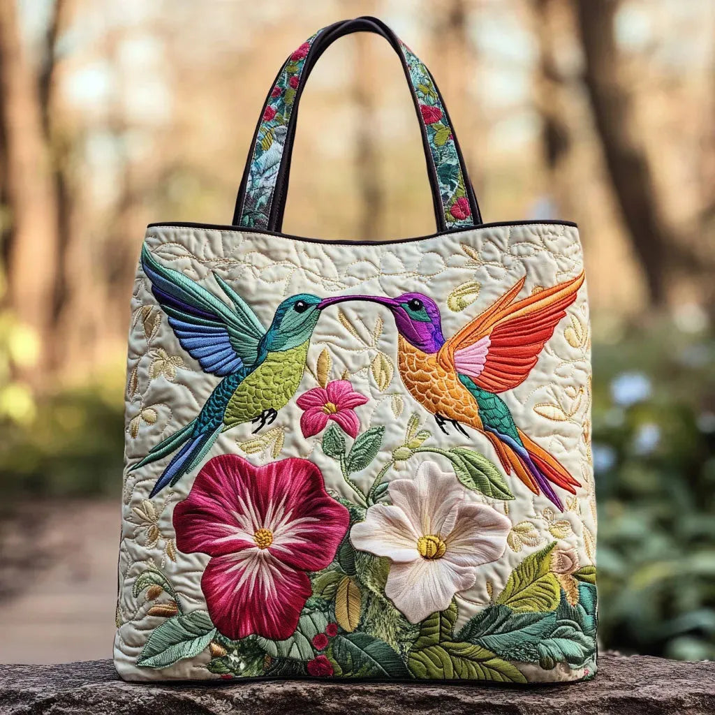 Håndlaget quiltet veske – Kolibri og hvite blomster