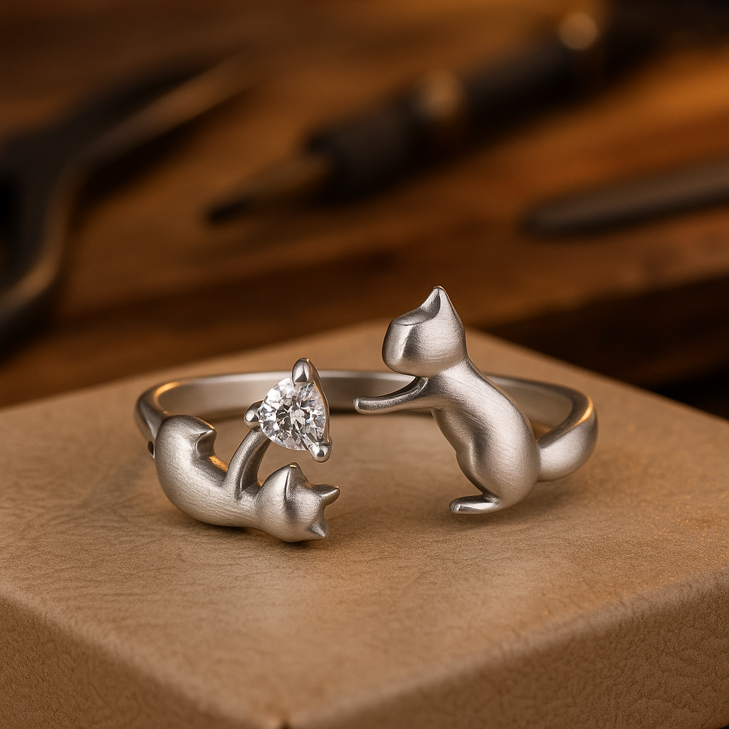 Justerbar ring med katt og zirkon
