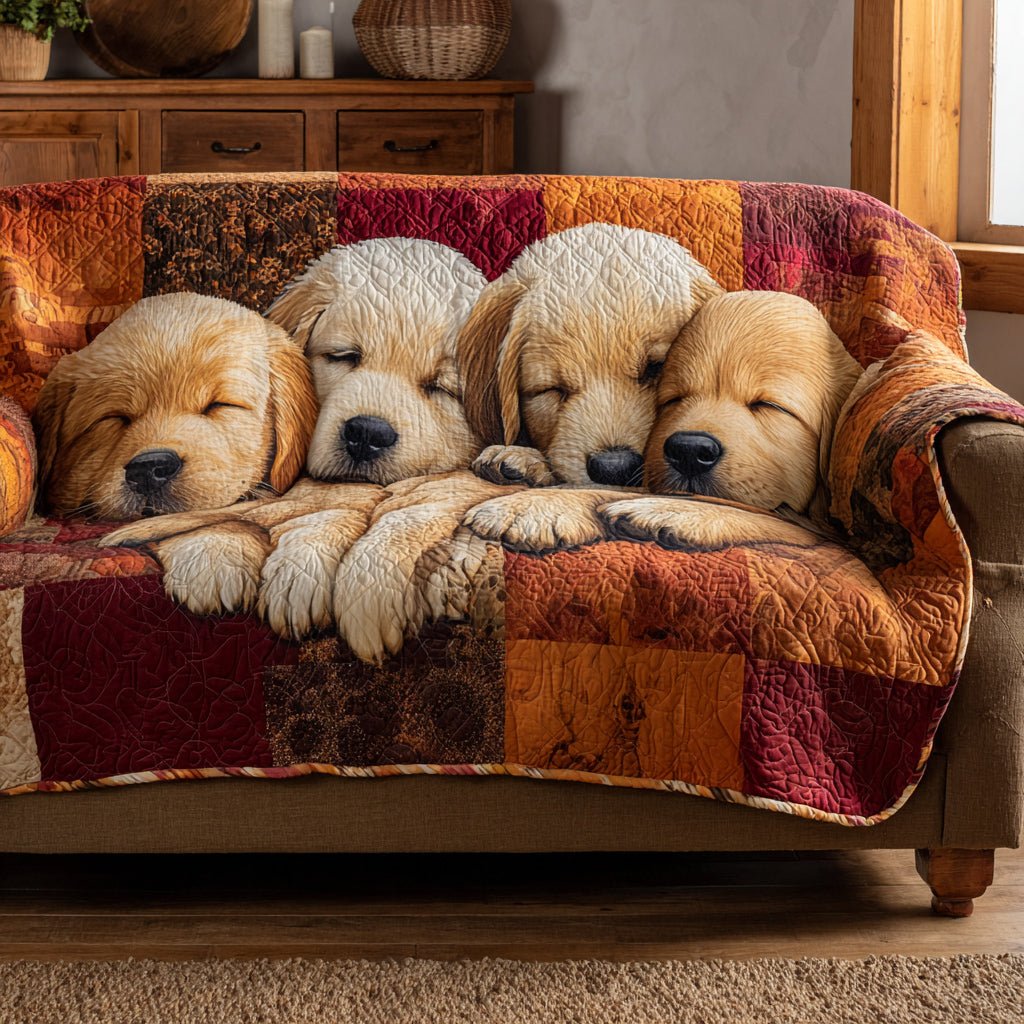 Kirsebær – quiltet sofatrekk med golden retriever