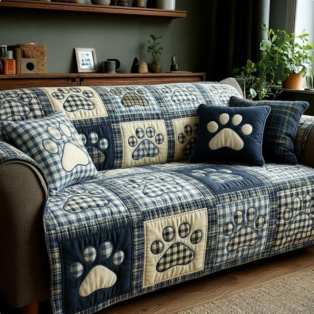 Lovise-Marie – quiltet sofatrekk blått rutete med ben og hjerte