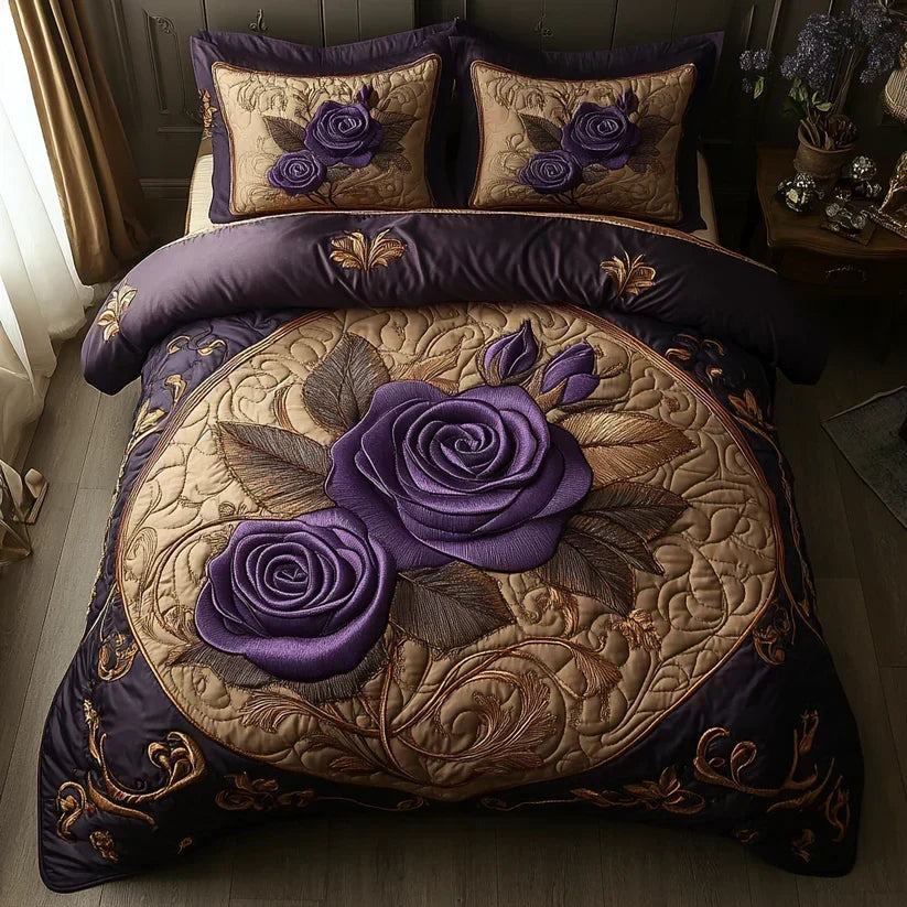 Quiltet sengesett, 3 deler – lilla rose