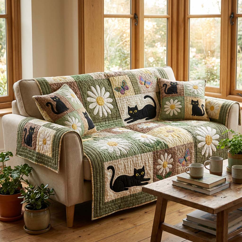 Thea - Quiltet sofatrekk med katt- og blomstermotiv