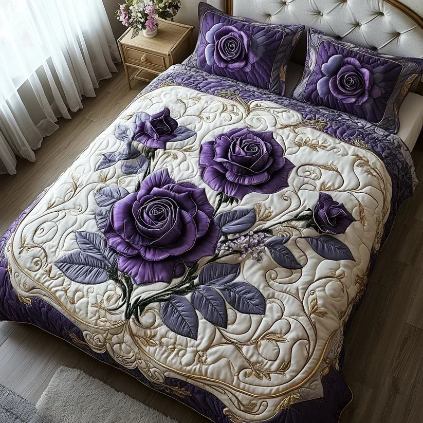 Quiltet sengesett, 3 deler – lilla rose