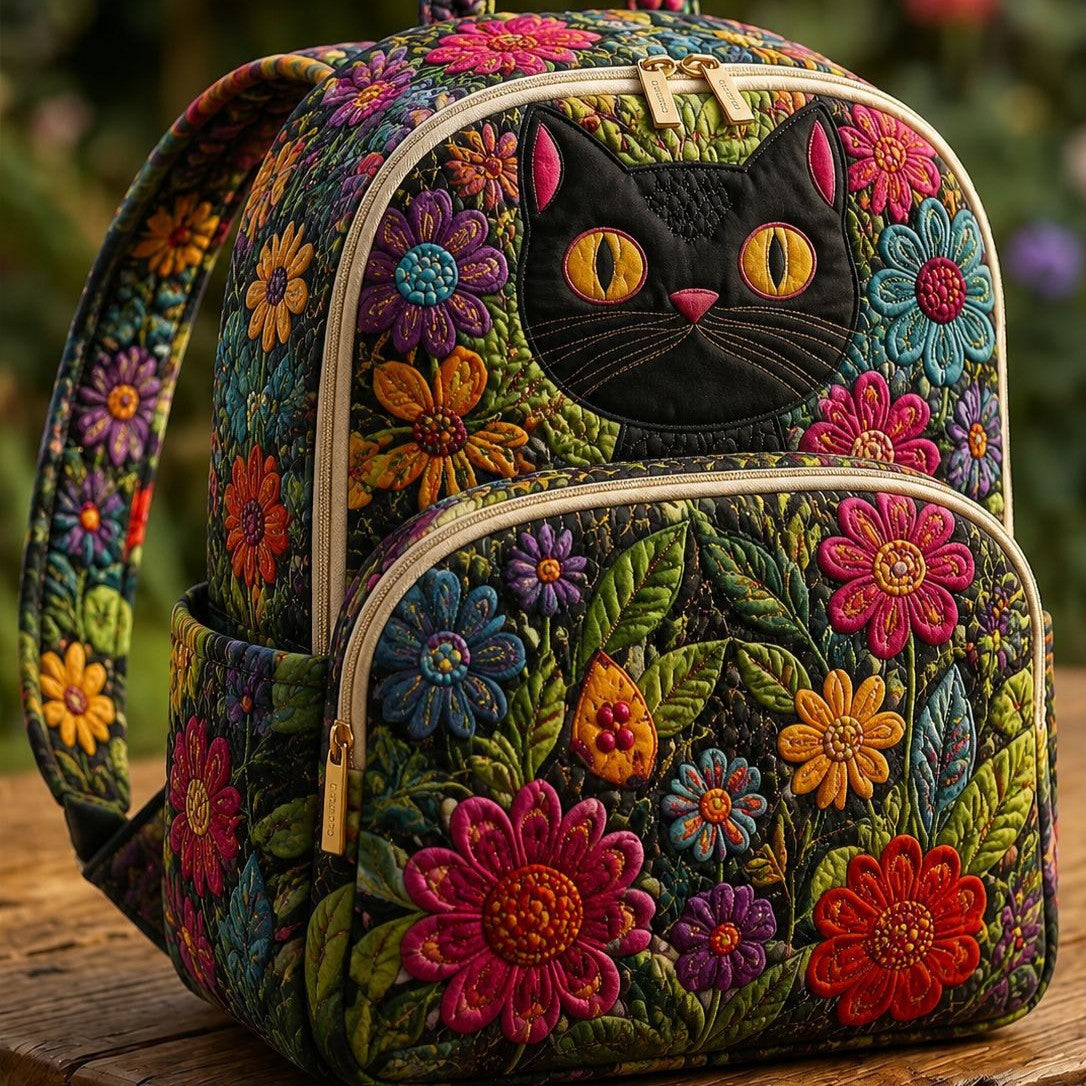 Quiltet ryggsekk – Svart katt og ville blomster