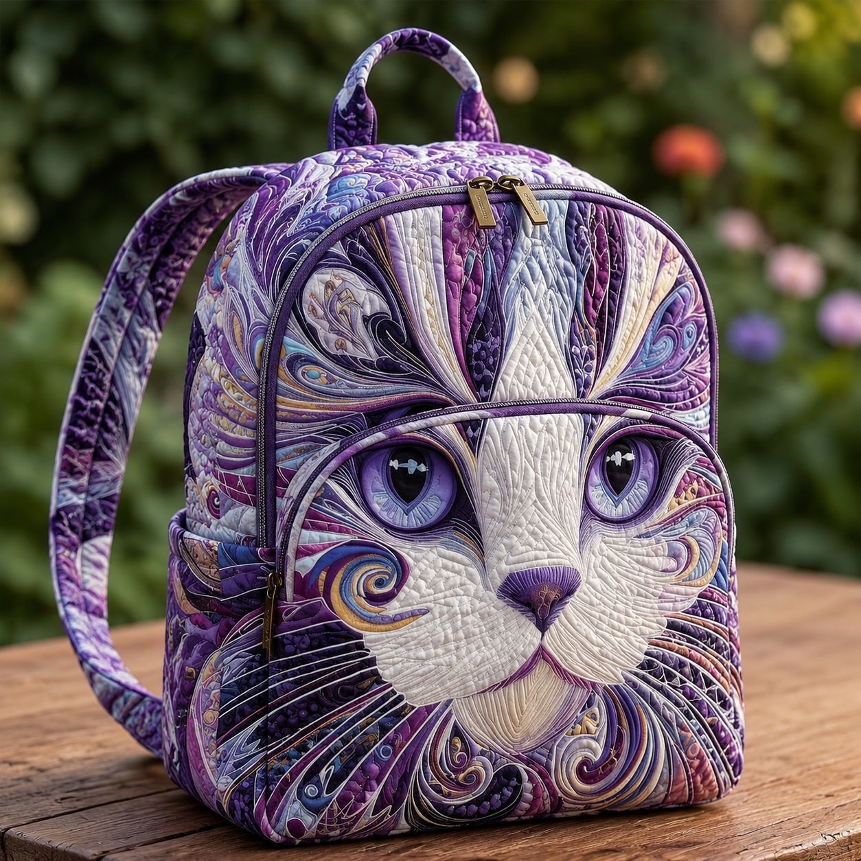 Quiltet ryggsekk – Kunstnerisk lilla katt