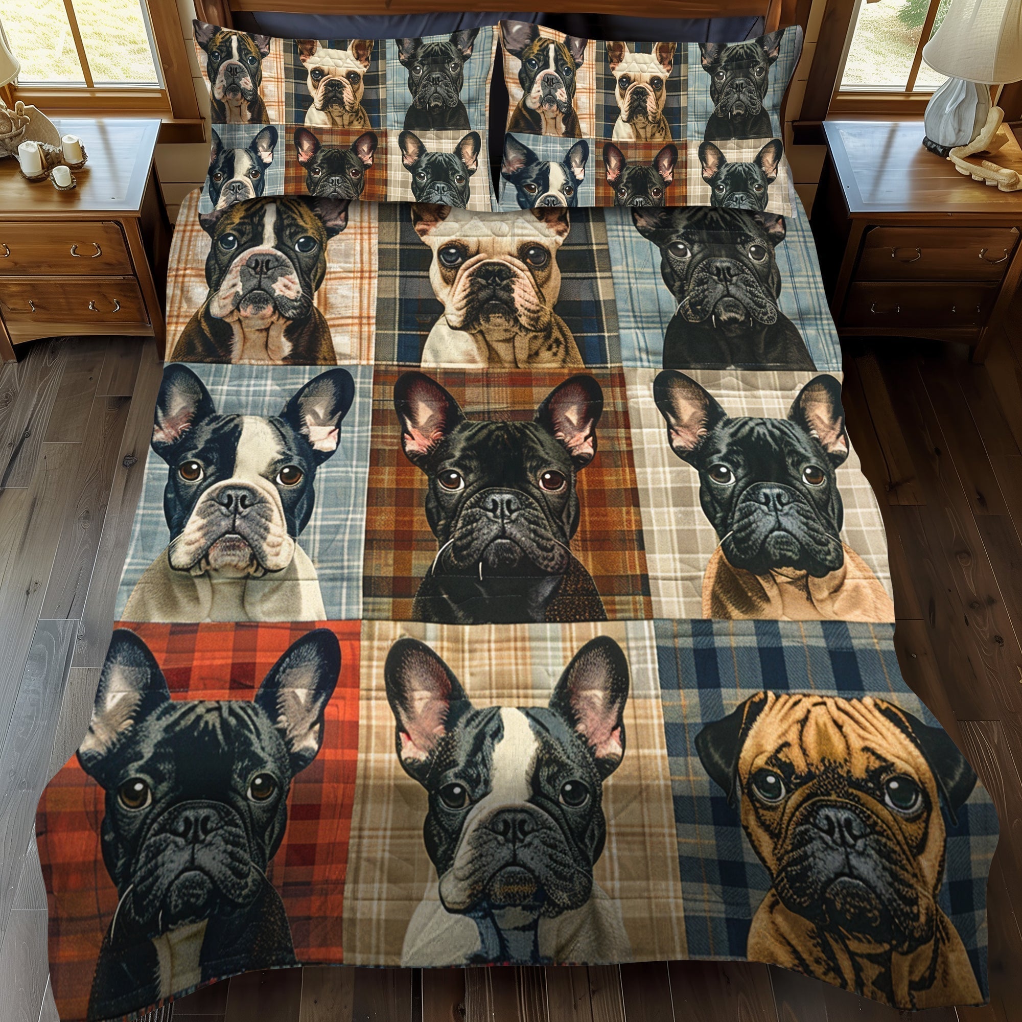 3-delt sengesett – Rutete fransk bulldog