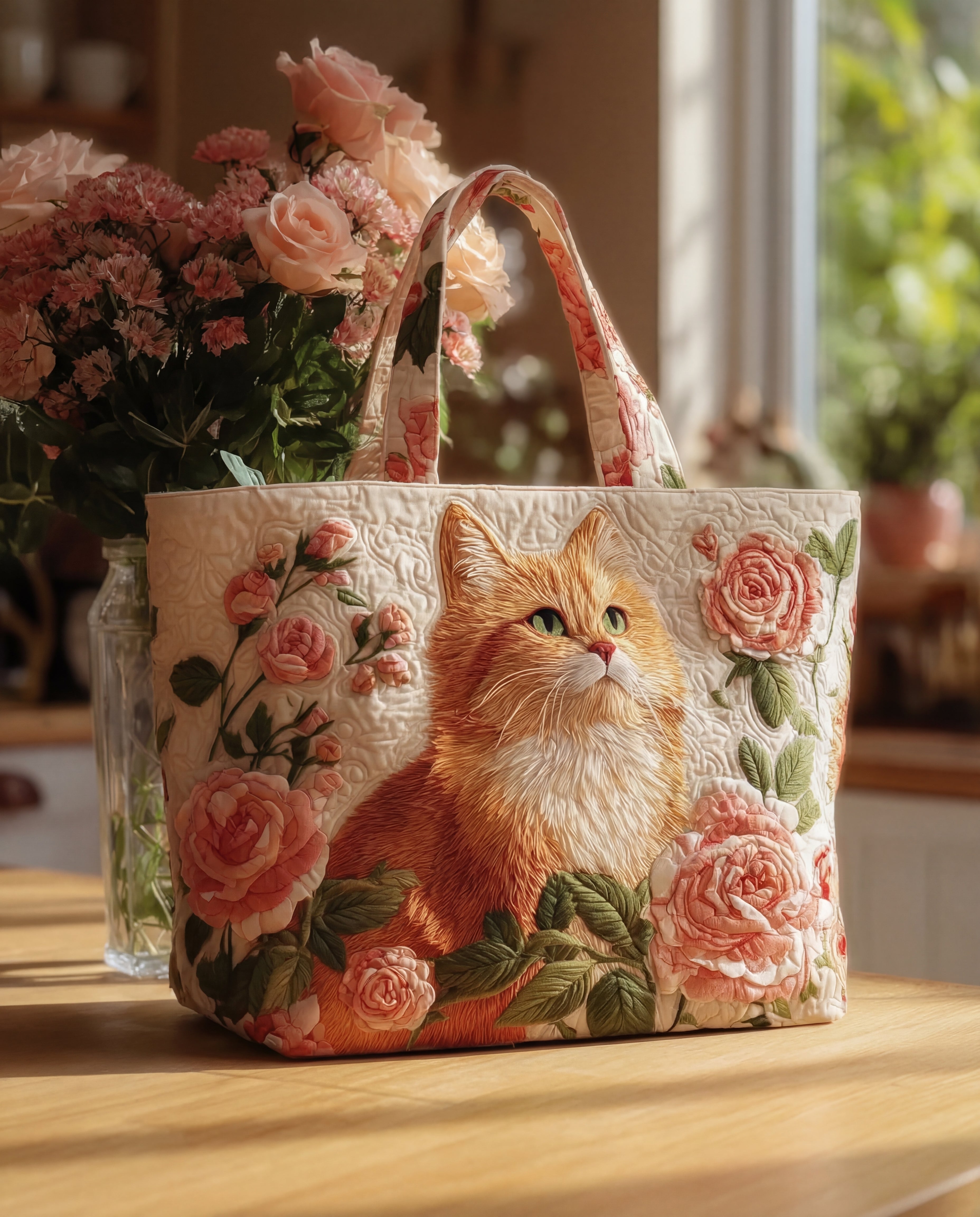 Håndlaget veske "oransje katt og roser"