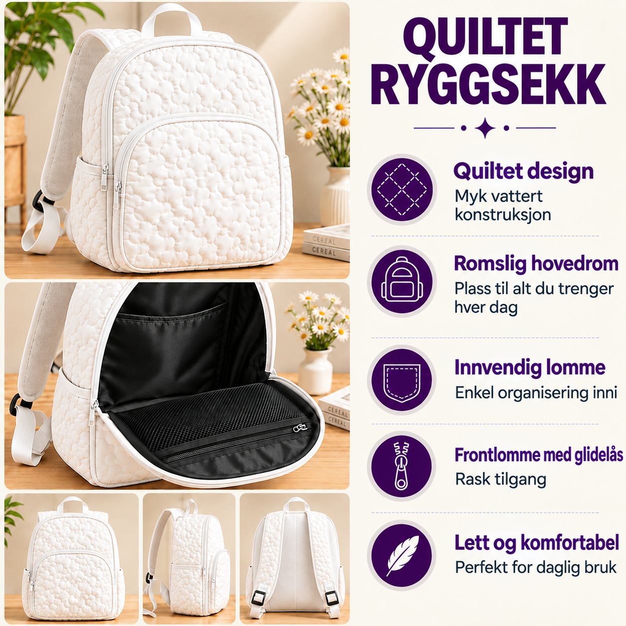 Quiltet ryggsekk – Purpurfarget plumeria