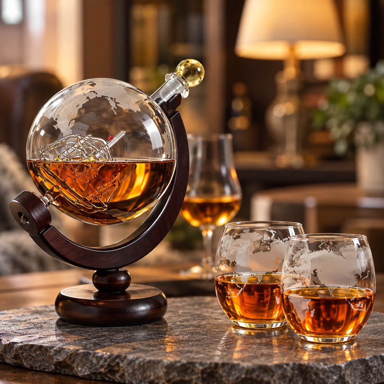 Whiskykaraffel og glass med verdenskart