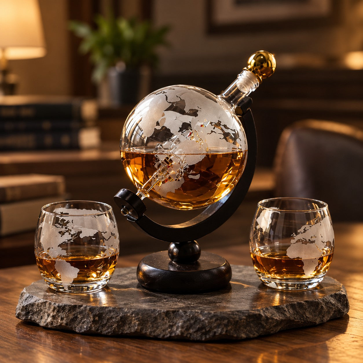 Whiskykaraffel og glass med verdenskart