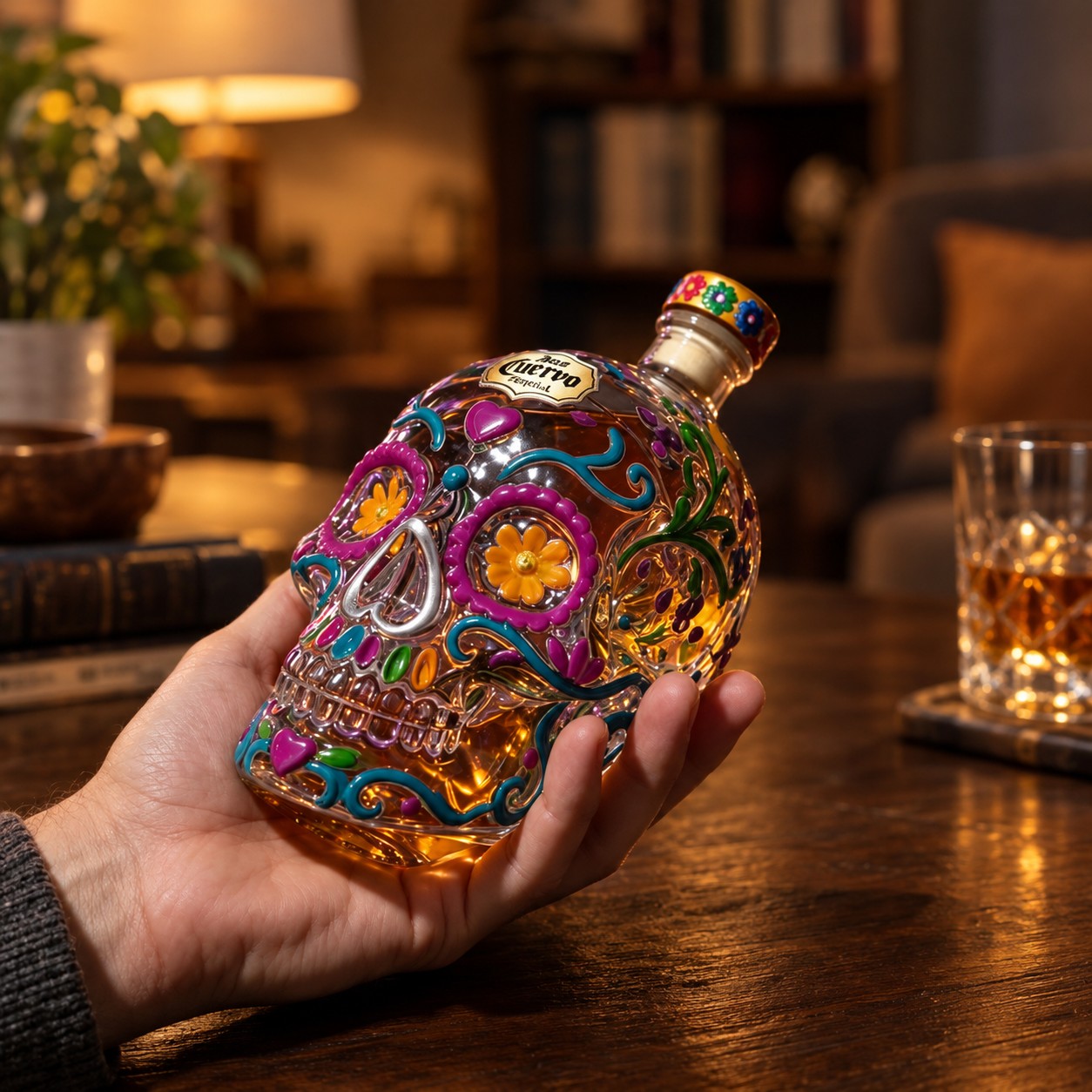 Håndblåst whiskykaraffel dødninghode og glassett